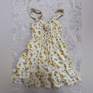 Cottagecore Floral Linen‎ Rayon Sundress Tie Front Smocked Bodice
